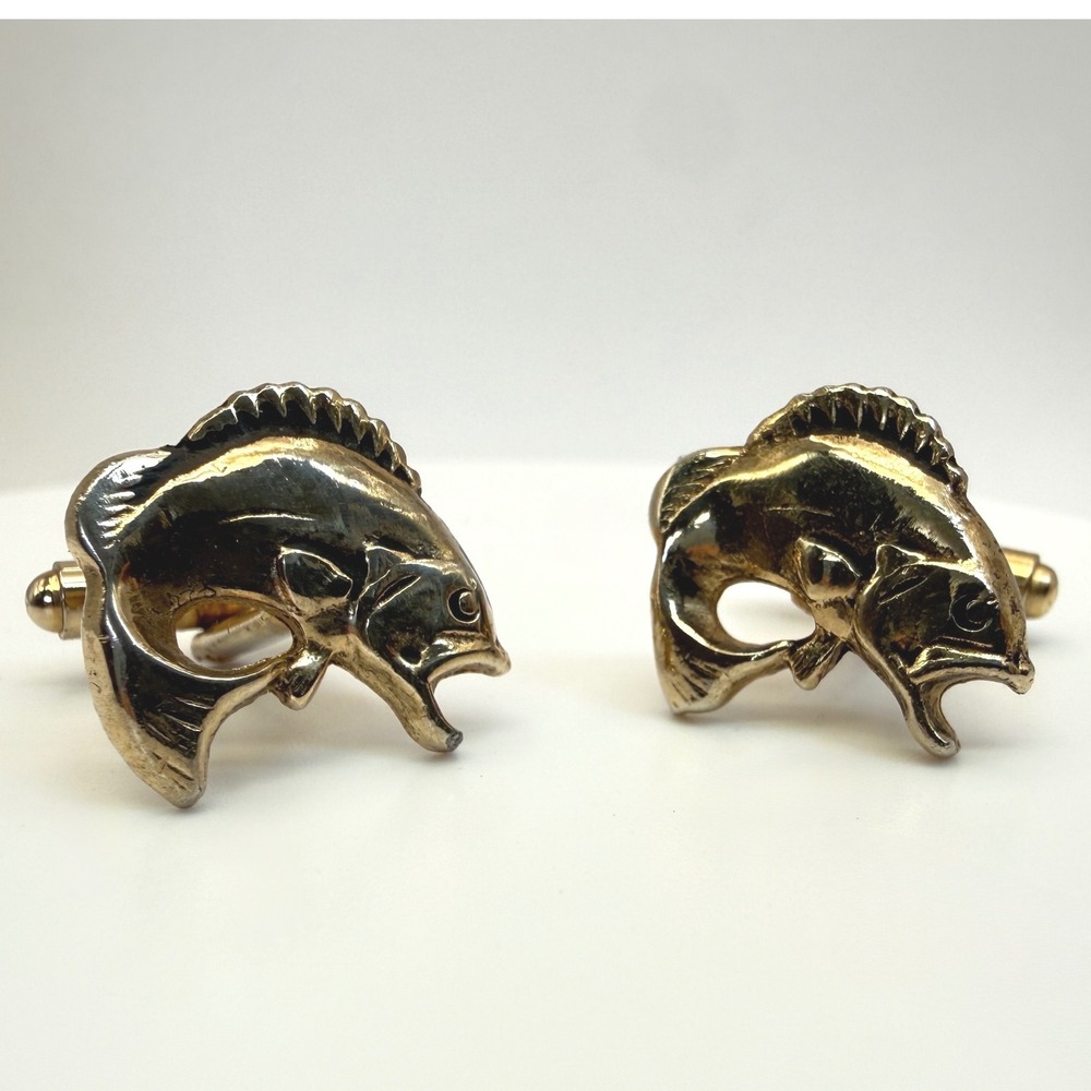 Vintage Gold Tone Trout Fish Cufflinks Figural Fishing Fisherman Men's